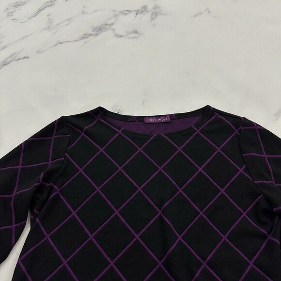 Cut Loose Womens Knit Top Size XS Black Purple Window Pane Plaid 3/4 Sleeve - Picture 2 of 12